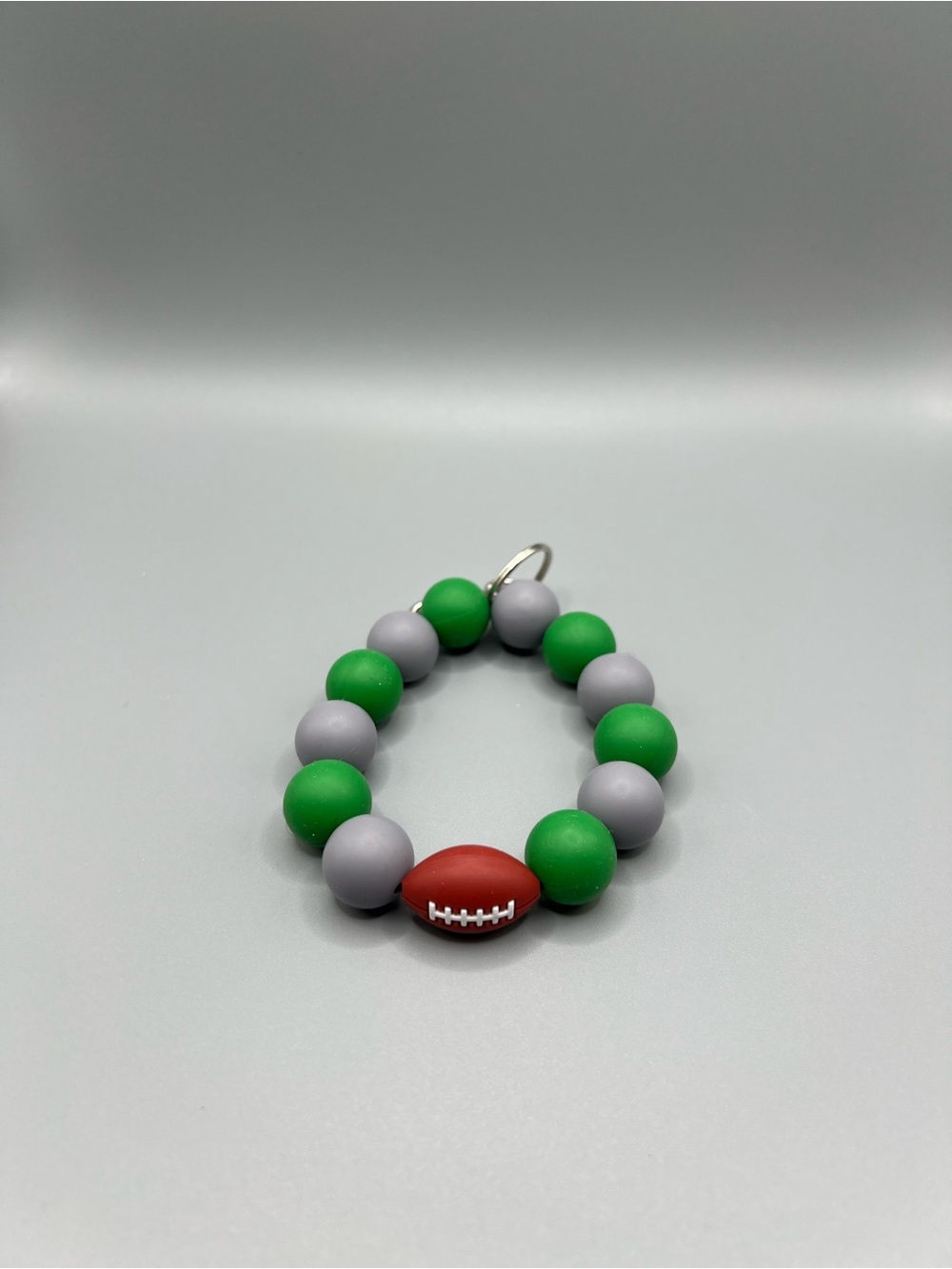 Silicone Beaded Keychain with Football Accent - Green & Gray - Handmade - K0293C